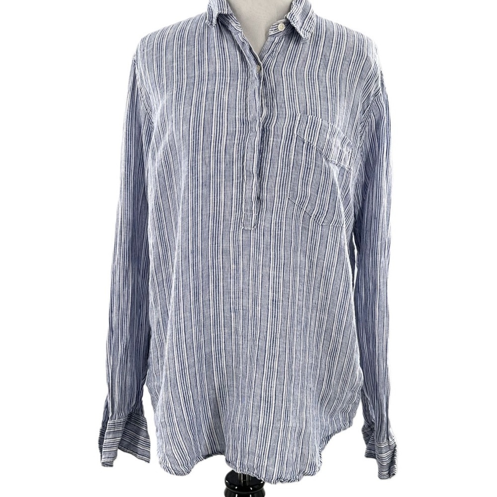 Brand Gap womens top size S white blue 100% linen stripes popover preppy